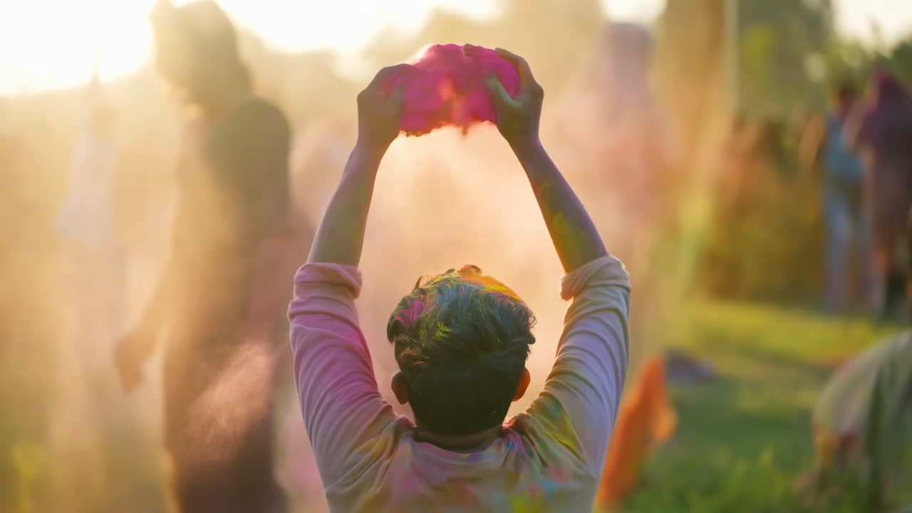 Una persona che lancia vivace polvere Holi rosa in aria al rallentatore