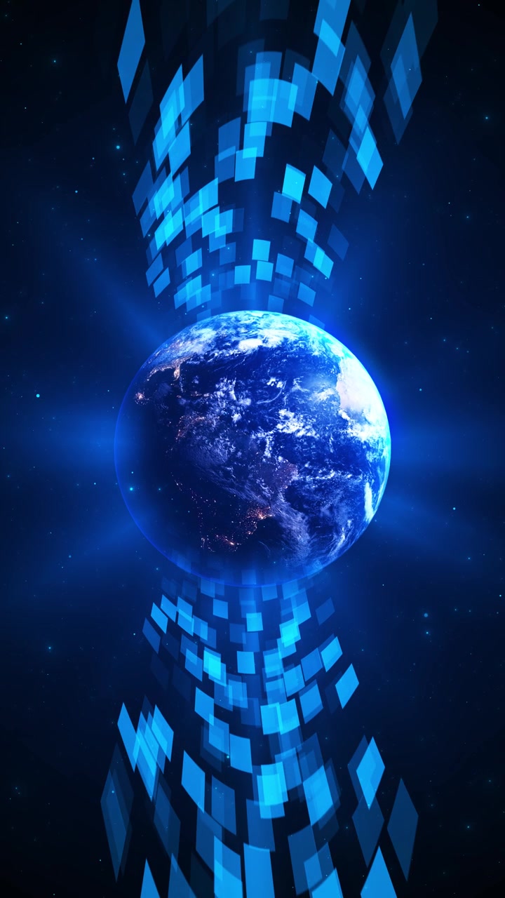 Global planet digital blocks visual earth space floating square elements futuristic depth technology