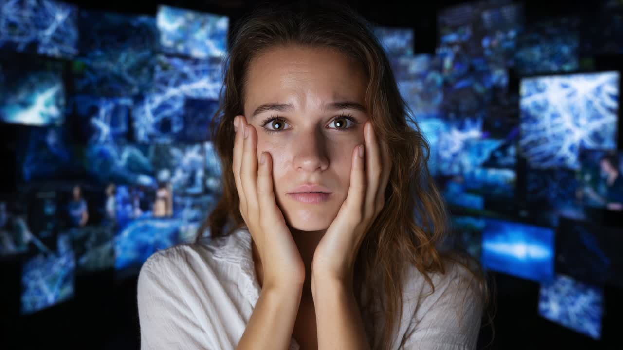 A young woman expresses feelings of confusion and distress amidst a chaotic environment filled with illuminated screens showcasing abstract visuals and vibrant colors, emphasizing her emotional turmoil and uncertainty