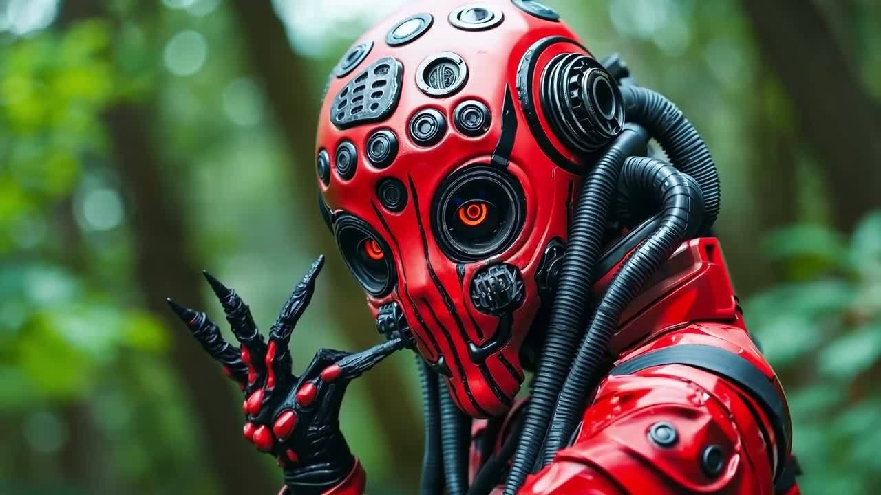 가스 마스크를 입은 빨간색과 검은색 의상을 입은 남자