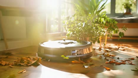 robot vacuum cleaning fallen leaves in a sunlit living room