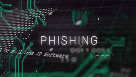 phishing tekst animatie over groene printplaat en binaire code achtergrond