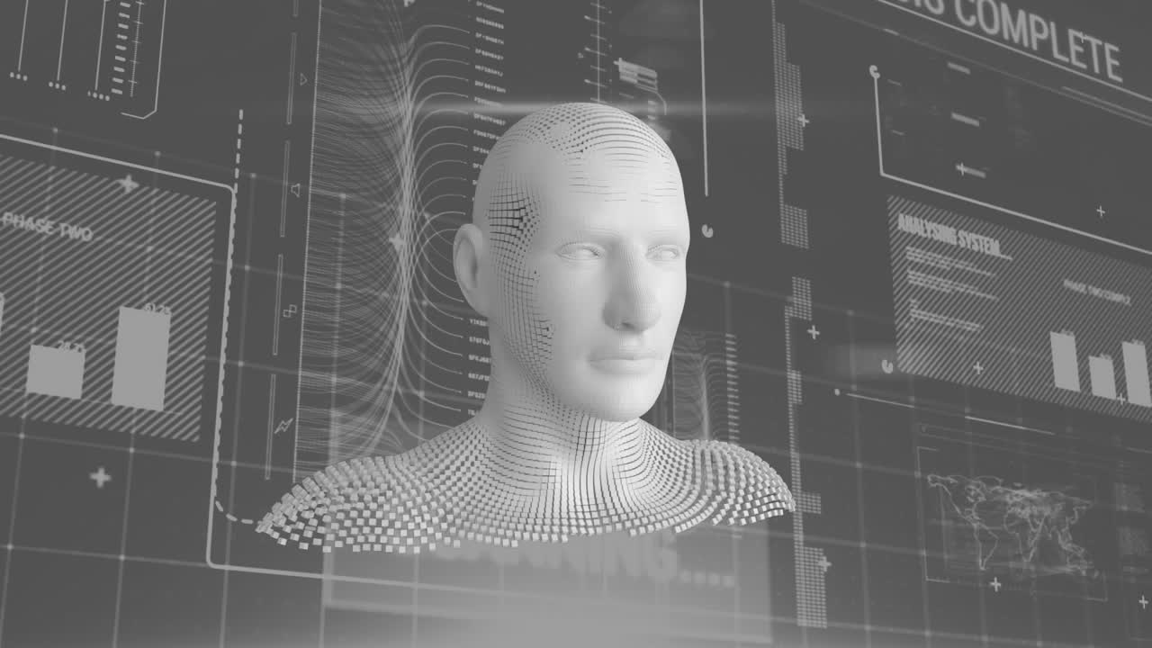 Animation of grey human bust forming from grey particles