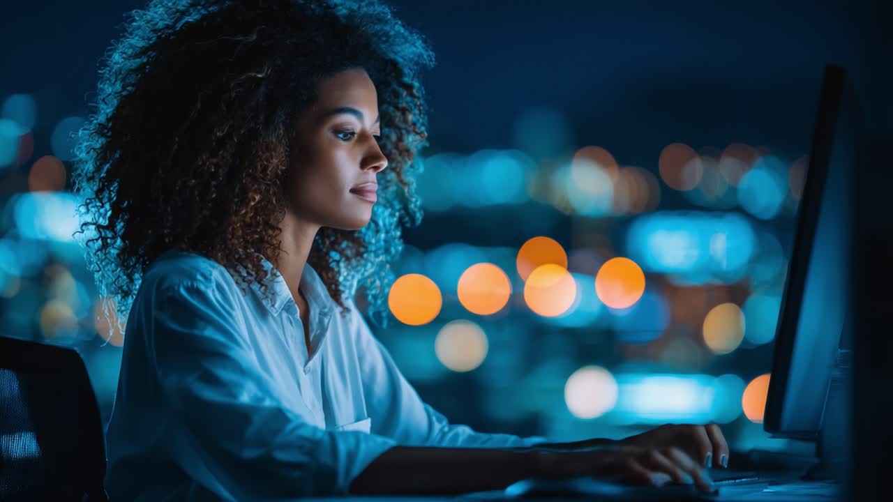A focused woman works late at night at her computer, illuminated by the glow of the screen and surrounded by a city skyline filled with vibrant lights in the background