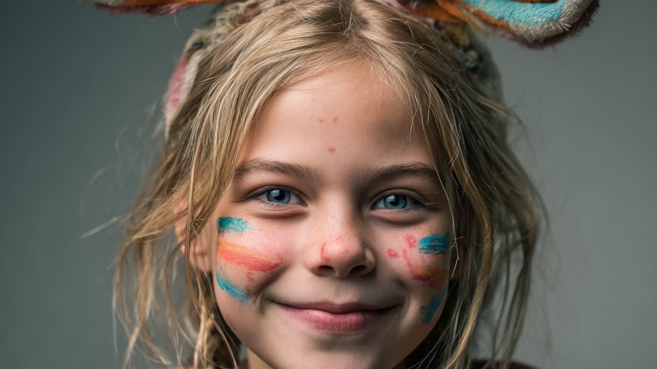 Ein fröhliches Kind mit Hasenohren und bunter Gesichtsbemalung, das die Essenz von Verspieltheit und Unschuld in der Porträtfotografie einfängt.
