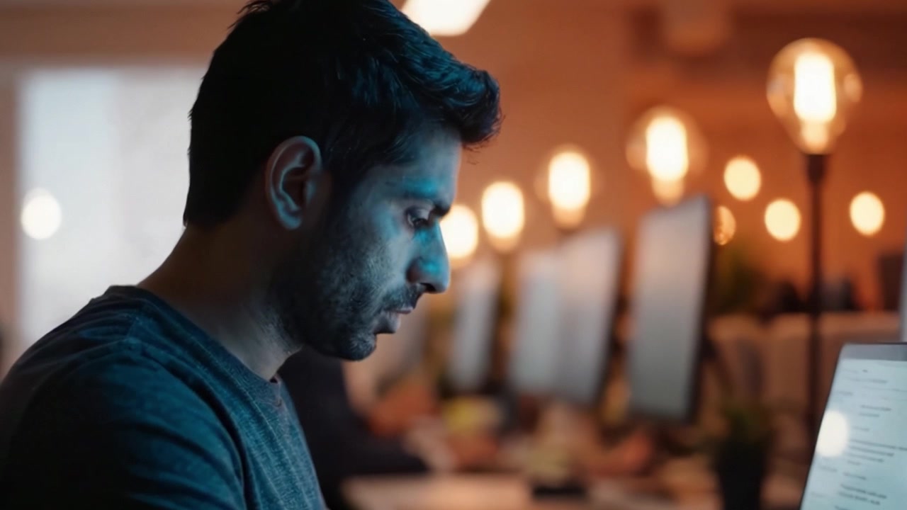 Focused Individual Working on a Laptop Amongst Warm Lighting and Modern Office Environment Captured in Two Frames Showcasing Concentration and Creativity