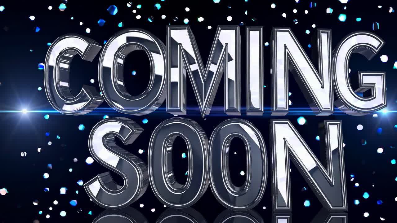 Dynamic 3D text 'Coming Soon' with a metallic finish, surrounded by floating particles