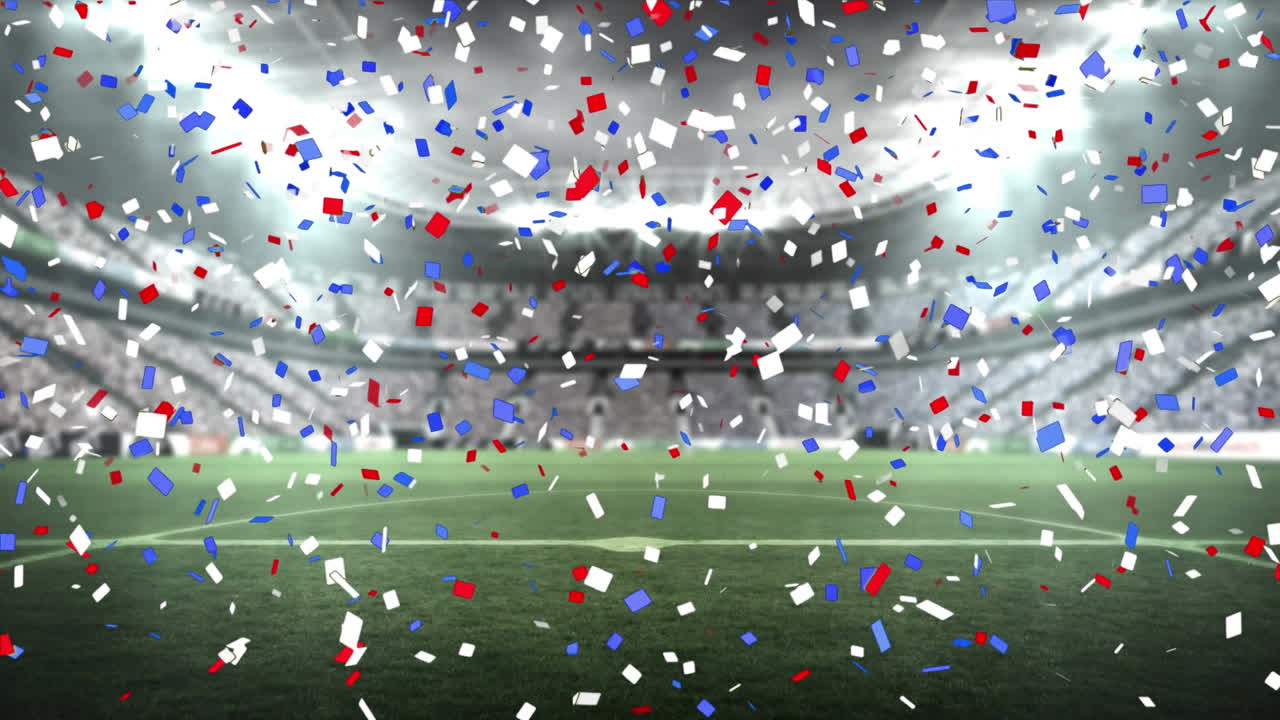 스포츠 경기장 위로 떨어지는 파란색과 빨간색 콘페티의 애니메이션
