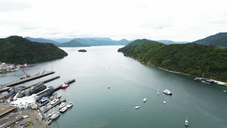 Harbor-and-endless-lake-near-Picton-town,-New-Zealand,-aerial-droene-view