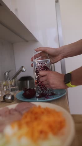preparing beetroot and carrot salad
