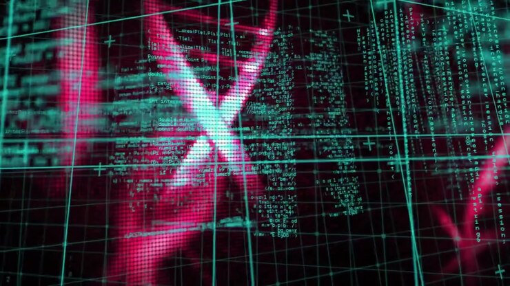 Digitale DNA-Helix rotiert mit scrollendem Programmiercode