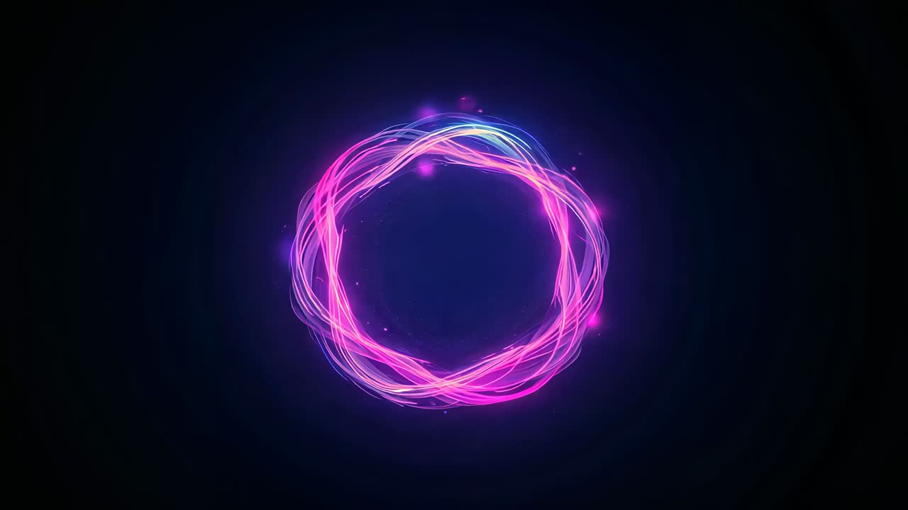 Appearing braided neon ring thickening and rotating in digital space, creating breathing motion