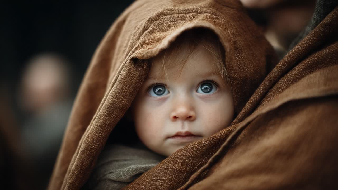 A Captivating Portrait of a Young Child Enveloped in a Warm Hooded Cloak, Showcasing Innocence and Curiosity in a Rustic Setting