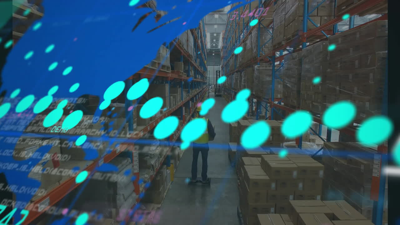 Warehouse worker using hoverboard with digital data animation in background