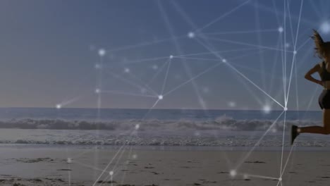 animación de redes de conexiones sobre mujer caucásica corriendo en la playa
