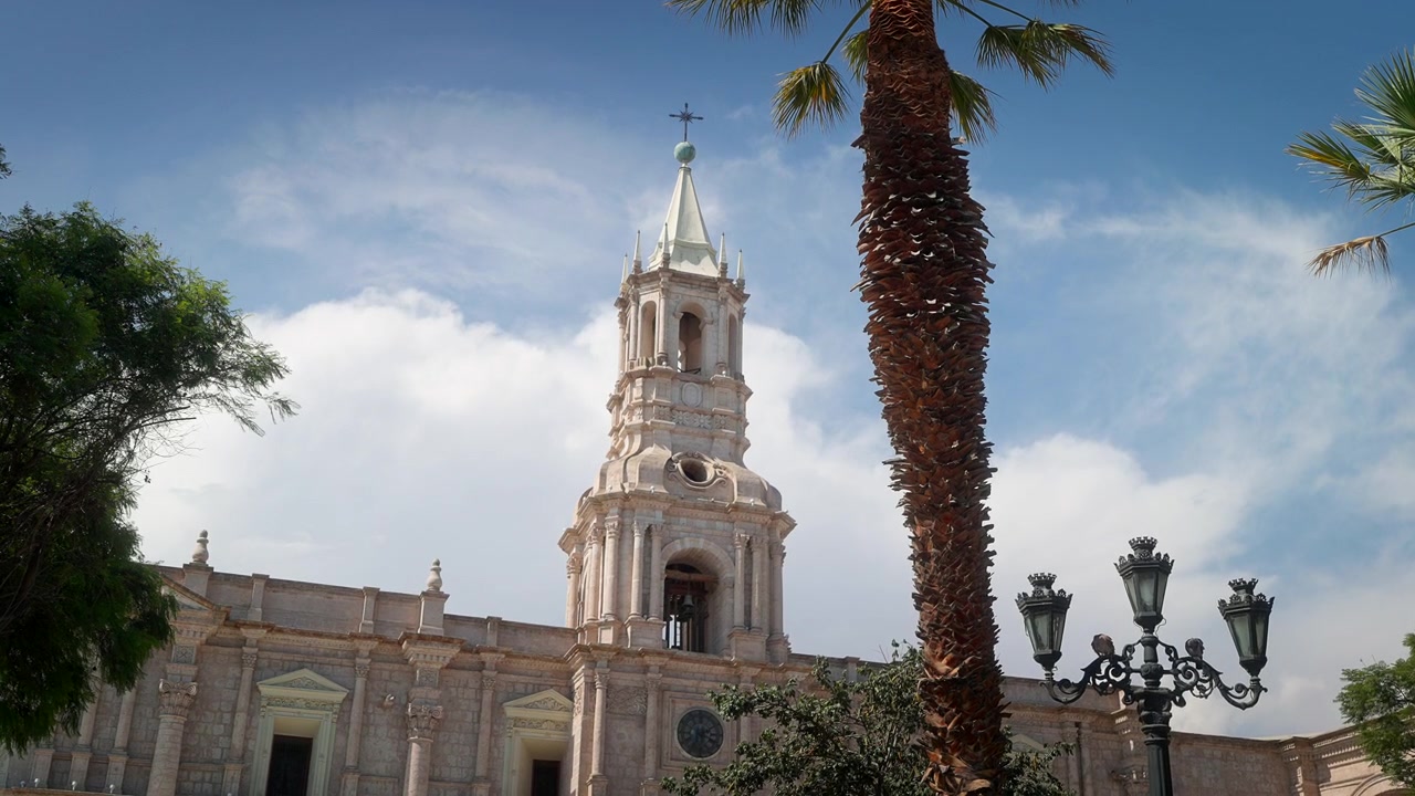 Peru, Arequipa'daki Plaza de Armas'ta uzun bir palmiye ağacının yanında yükselen katedral çan kulesi, arka planı oluşturuyor