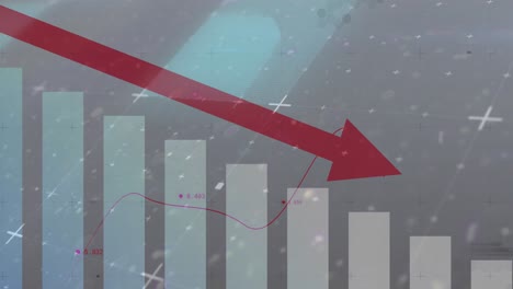 Animation-Eines-Nach-Unten-Zeigenden-Roten-Pfeils,-Statistikaufzeichnung-über-Flackerndem-Hintergrund