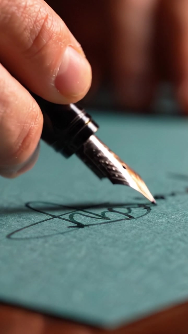Firma Elegantemente Realizzata: Un Primo Piano sull'Arte della Scrittura con una Penna Stilografica su Carta Liscia Turchese, che Cattura la Bellezza dell'Espressione Manoscritta