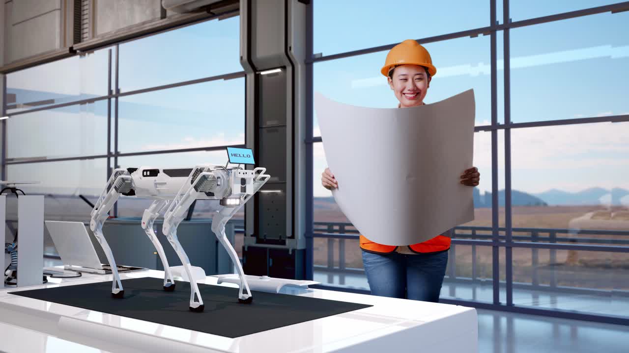 полное тело азиатской женщины-инженера с защитным шлемом смотрит на чертеж в своих руках, стоя на высокотехнологичном заводе, анализируя концепцию робототехники