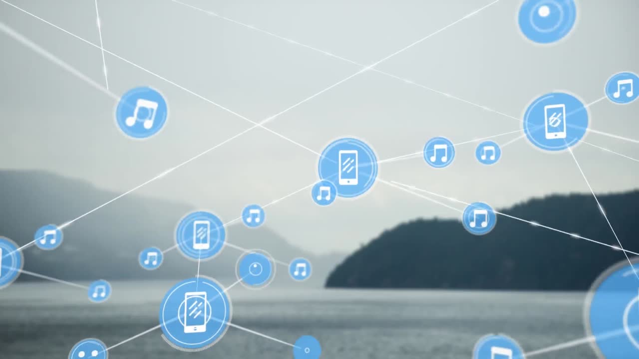 풍경 위의 아이콘으로 연결된 네트워크의 애니메이션