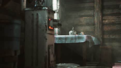 dark interior of retro log house