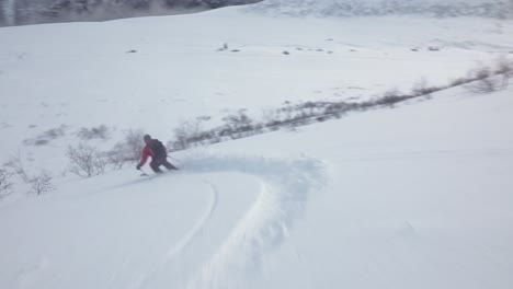 Man-wearing-red-jacket-skiing-downhill,-zigzagging-through-small-bushes-with-beautiful-scenery-in-background