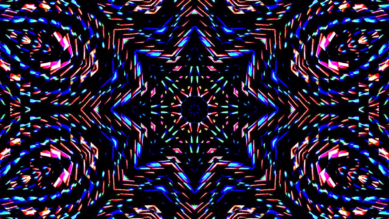 Caleidoscopio astratto con bellissime linee rosse e blu brillanti, movimento fluido e luce scintillante.