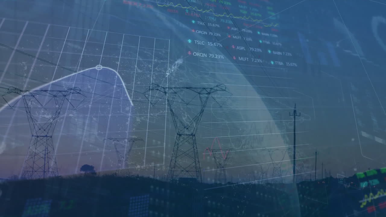 Animation of wind turbine, globe and financial data processing