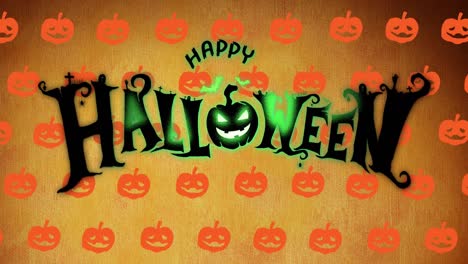 Animation-Eines-Fröhlichen-Halloween-Textes-Mit-Leuchtendem-Kürbiskopf-Und-Fledermäusen,-über-Wiederholten-Orangefarbenen-Kürbissen