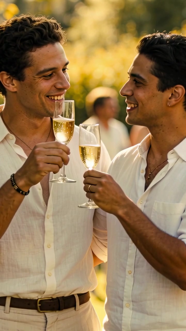 Vertical video: Lifting flutes, two men toasting in garden, clinking and showing rings and shirts
