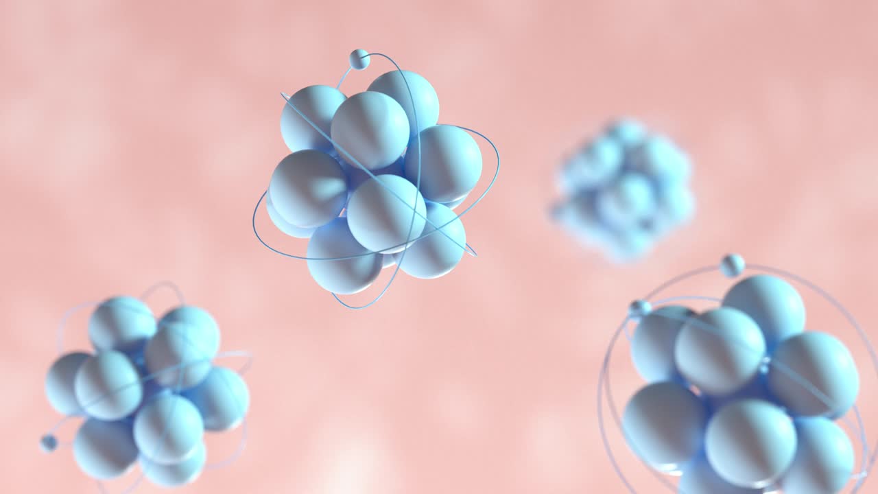 분홍색 유기 배경으로 원자 구의 움직임, 3d 렌더링.