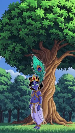 cartoon illustration of little krishna in the forest