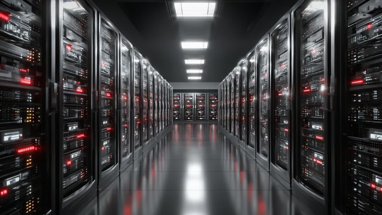 A High-Tech Data Center Featuring Rows of Network Servers with Illuminated Indicators, Showcasing Advanced Computing Technology in a Sleek and Modern Environment