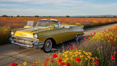 classic convertible car amid colorful flower fields: a stunning display of vintage automotive beauty set against a scenic landscape