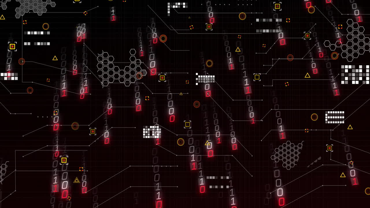 Animation of binary code and geometric patterns forming network on dark background