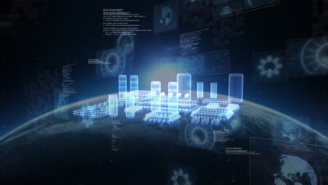 animation of computer circuit board and data processing over globe on black background