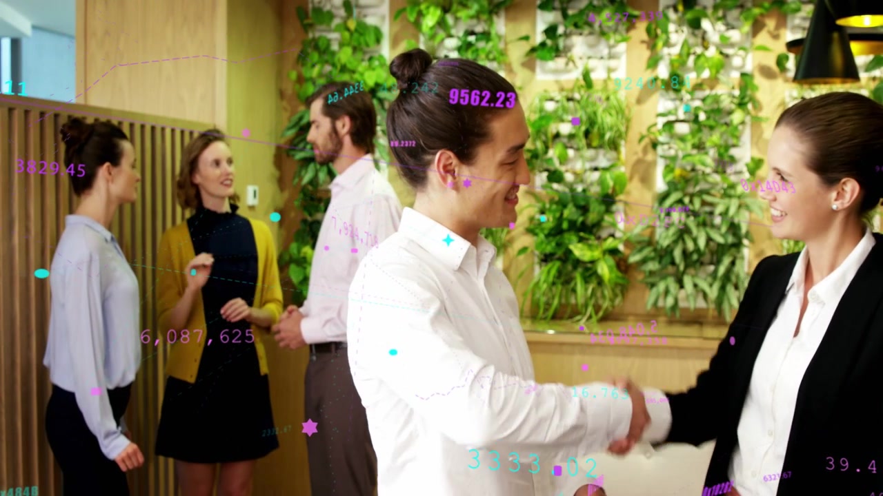 Man tapping tablet and showing in business, woman pointing, shaking hands, overlays confirming deal