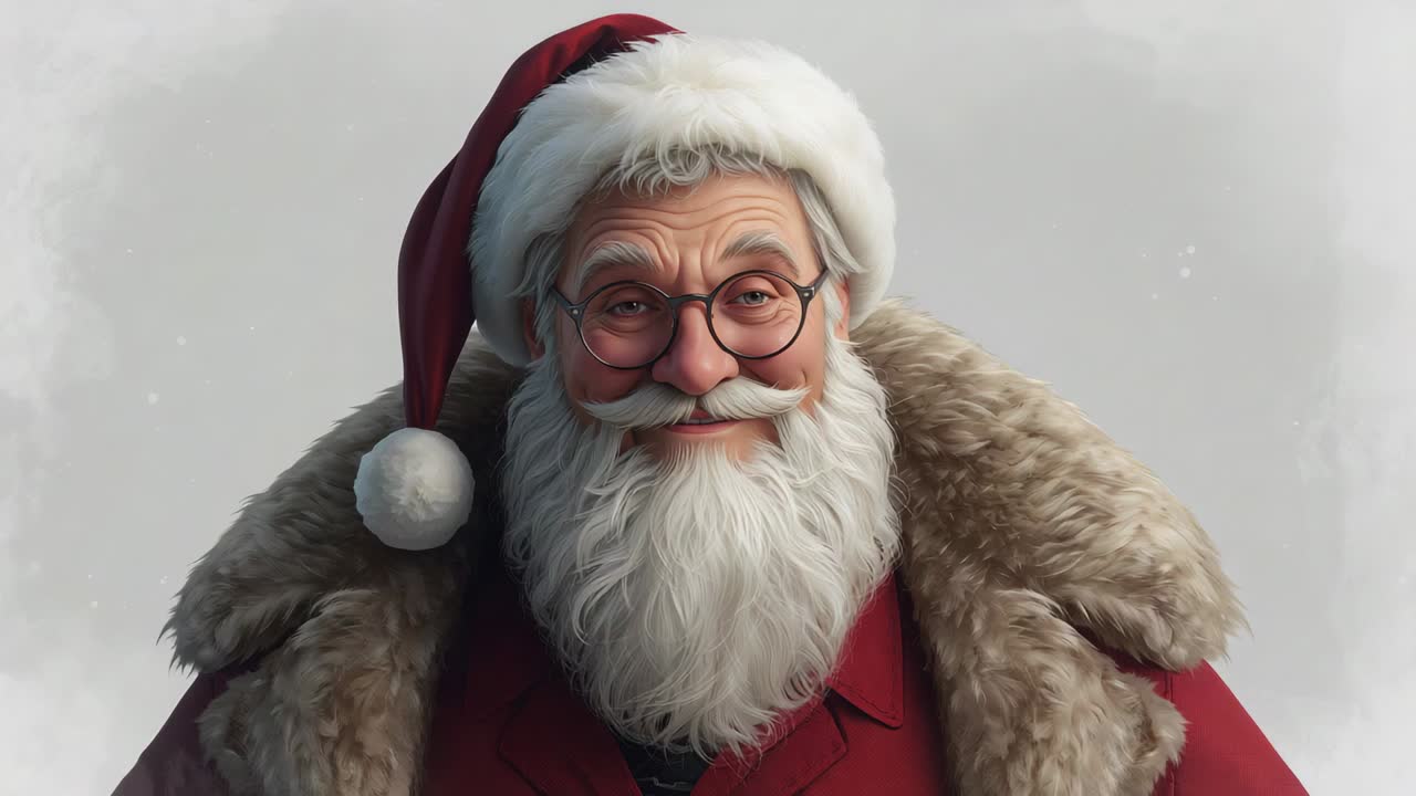 Smiling senior Santa Claus blinking and smiling in studio portrait, wearing round glasses, red hat