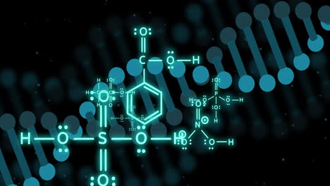 animación de la cadena de adn y procesamiento de datos científicos sobre un fondo negro