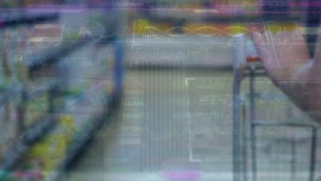 animación del procesamiento de datos financieros sobre el hombre con el carrito de compras.