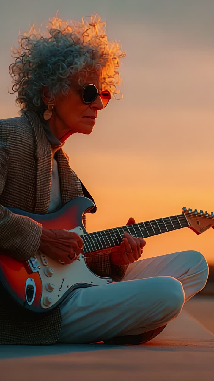 Musiker, der spiller guitar ved solnedgang: Indfang essensen af melodisk ro og kunstnerisk udtryk i smukke omgivelser i det fri