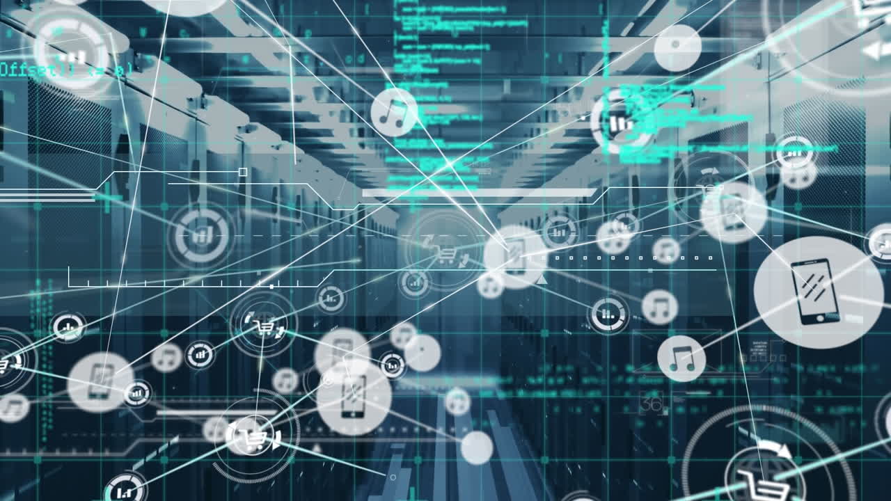 Animation of network of connections with icons and data processing over computer servers