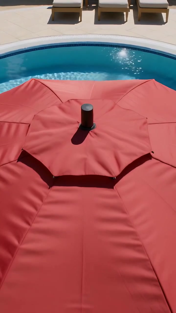 Vertical video: Entering bottom edge, red umbrella canopy opening over pool steps, providing shade
