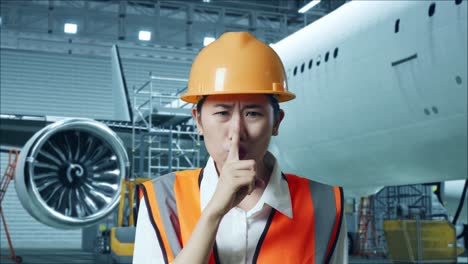 mujer ingeniera en una instalación de mantenimiento de aviones
