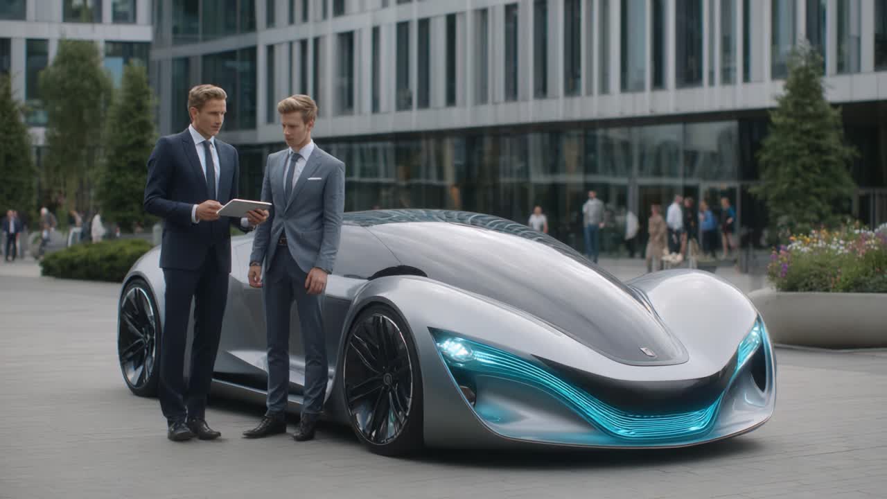 Innovative Future of Mobility: Two Professionals Engage in a Discussion beside a Sleek, High-Tech Concept Vehicle in a Modern Urban Environment