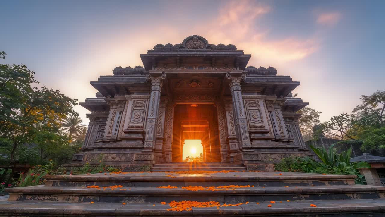 Aligning sun casting light through temple doorway, two visitors watching sunrise, marigold petals