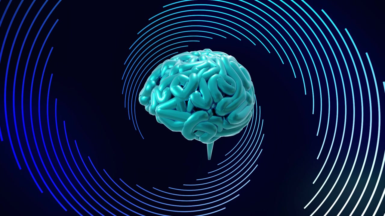 On play, teal brain floating, rotating while rings spinning and shifting color, showing neural data