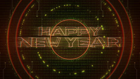 animation intro text happy new year and cyberpunk animation background with computer matrix numbers and circles