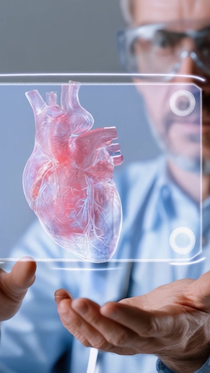En sundhedsprofessionel undersøger en 3D digital repræsentation af et menneskehjerte, der viser indviklede anatomiske detaljer og avancerede visualiseringsteknikker.