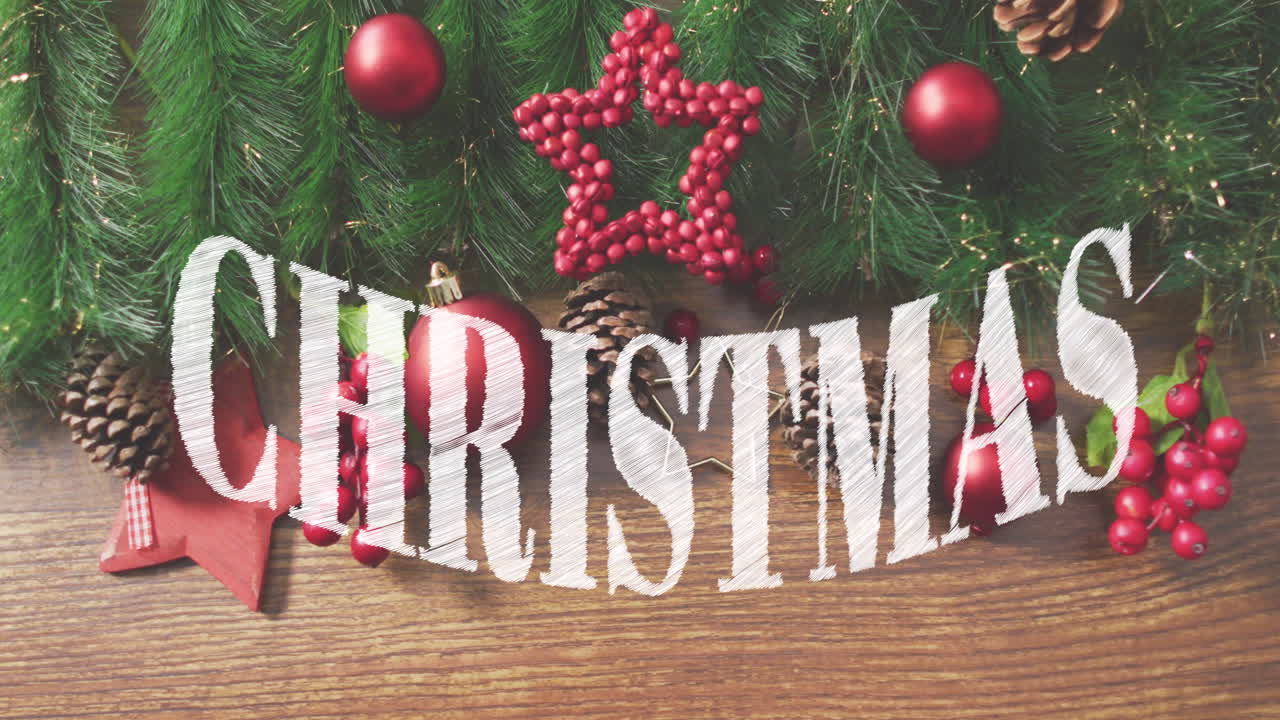 animación de texto navideño sobre estrellas, bolos y cerezas con hojas sobre mesa de madera